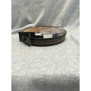 Lebra Mens Black Belt Brown Stripe Genuine Leather Silver Buckle Sz 42-44 XL NWT